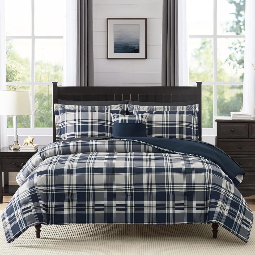 MaiRve Queen Size Comforter Set Navy Blue, Classic Plaid Farmhouse 7 Pieces Bedding Set, All Season Lightweight Bed in a Bag with Sheets, Pillowcases & Shams