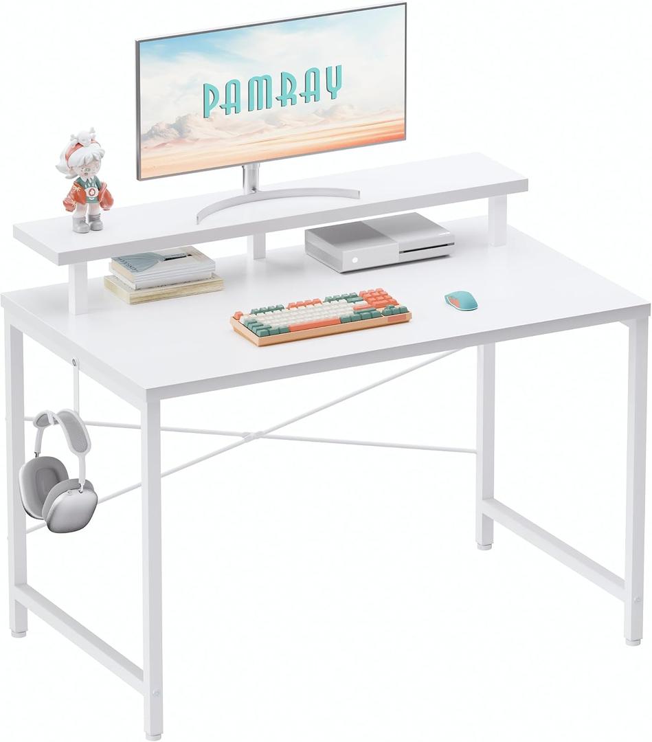 Pamray 32 Inch Small Computer Desk with Monitor Stand, Simple Office Desk with Headphone Hook for Small Spaces, Kids Study Writing Table for Bedroom, White