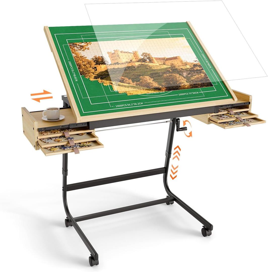 Puzzle Table with Drawers for 1500 Piece Jigsaw Puzzles  Crank Handle Adjustable Tilting Puzzle Board with 2 Sliding Storage Drawer, Puzzle Tables with Legs & Wheels, 6 Trays and Cover for Adults