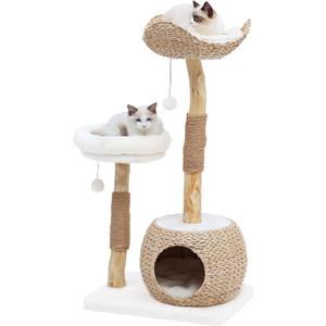 Cat Tree Tower for Indoor Cats, Modern Real Wood Cat Condo with Scratching Post, Jumping Platforms, Hanging Toy Ball for Multi-Cat Households (2 layers)