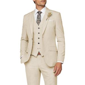 Wangyue Mens Suit 3 Piece Slim Fit Suit for Men Formal Business Suit Wedding Groom Prom Tuxedo Dinner Party (Large, Beige)
