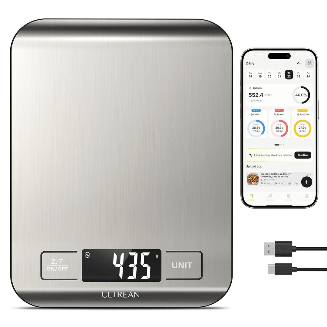 Ultrean Smart Food Kitchen Scale with Nutritional Calculator, App for Macro & Calorie Tracking, AI Scan, Digital Grams and Ounces for Weight Loss, Rechargeable, Stainless Steel, 33lb /15kg