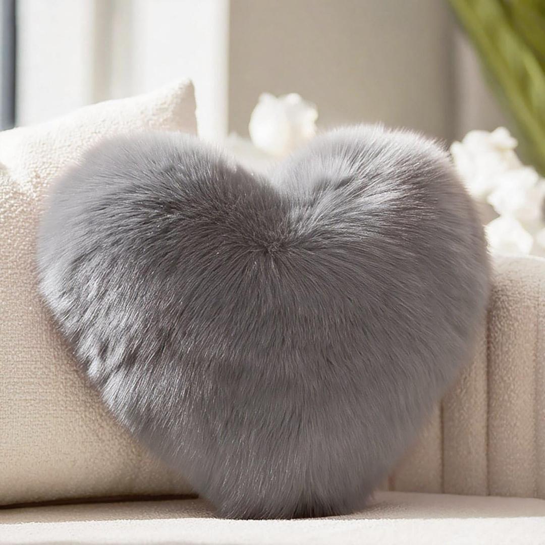 Grey Heart Pillow, Faux Fox Fur Heart Decorative Pillows, Heart Shaped Throw Pillow for Bed, Soft Fluffy Decorative Cushion for Chair Sofa Living Room - Plush Pillow Home Decor (Small)