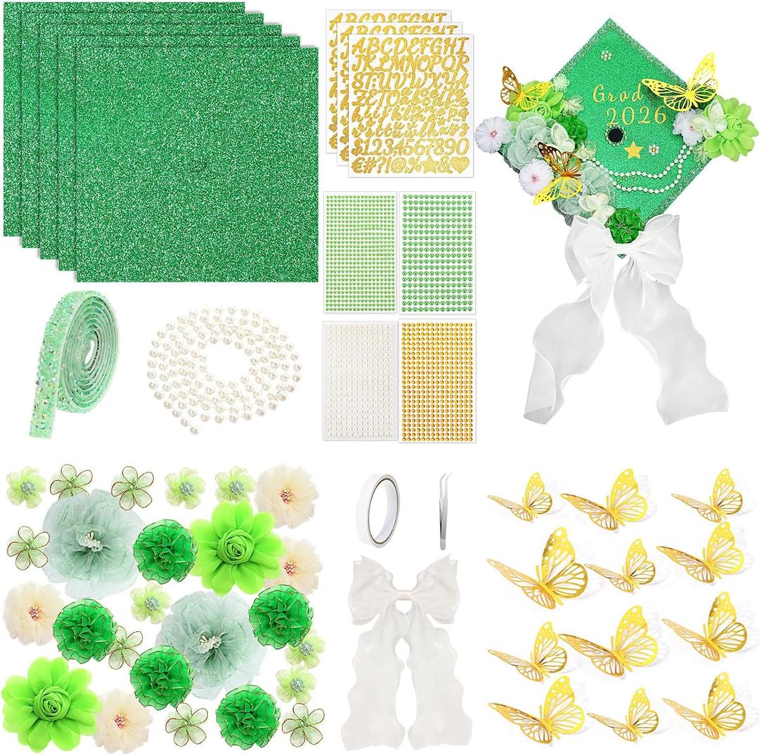 Wavwavw 58 Pcs DIY Graduation Cap Decorations Kit Grad Cap Decor Included Faux Flowers Bow Mesh 3D Butterfly Stickers, Adhesive Rhinestones, Glitter Letter Stickers, for 2026 Grad Party(Green)