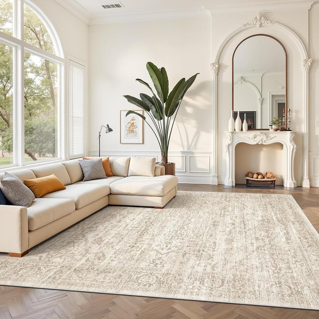Rugland 8x10 Area Rugs - Stain Resistant Washable Rug, Anti Slip Rugs for Living Room, Vintage Tribal Area Rugs(8'x10', Distressed Beige)