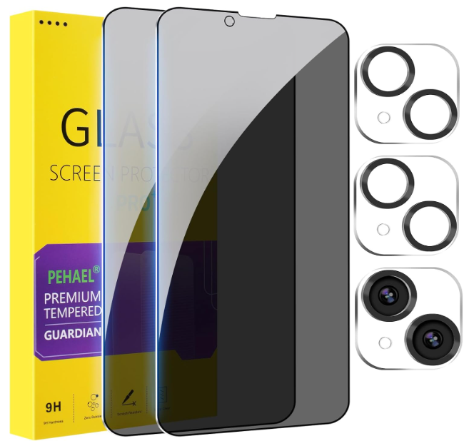 PEHAEL 2+2 Pack for iPhone 14 Plus Privacy Screen Protector with Camera Lens Protector Full Coverage Anti-Spy Tempered Glass Film 9H Hardness Easy Installation Bubble Free [6.7 inch]