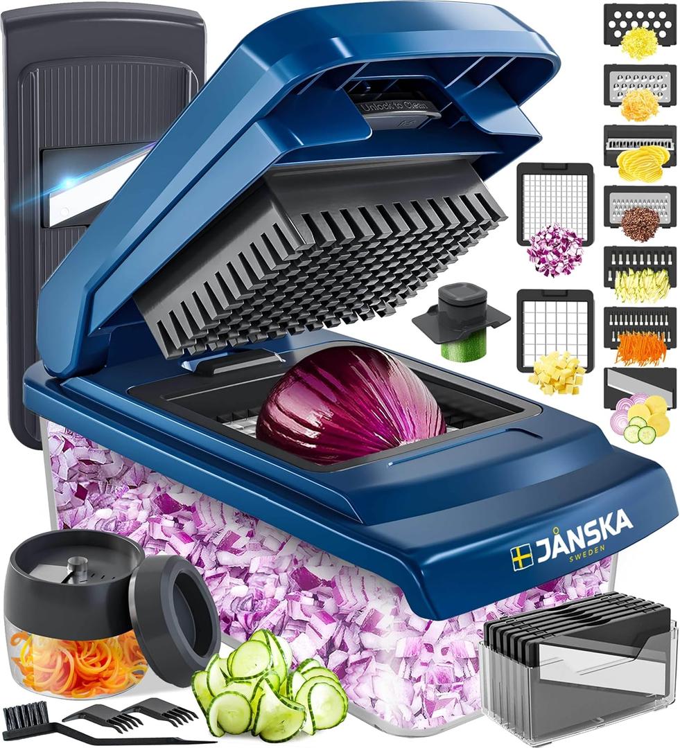 UltraChop All-in-One Vegetable Chopper, Veggie Food Chopper with Container, Spiralizer, Mandoline Slicer Dicer, Onion Mincer, French Fry And Salad Cutter, Home Essentials & Kitchen Gadgets (Blue and Gray)