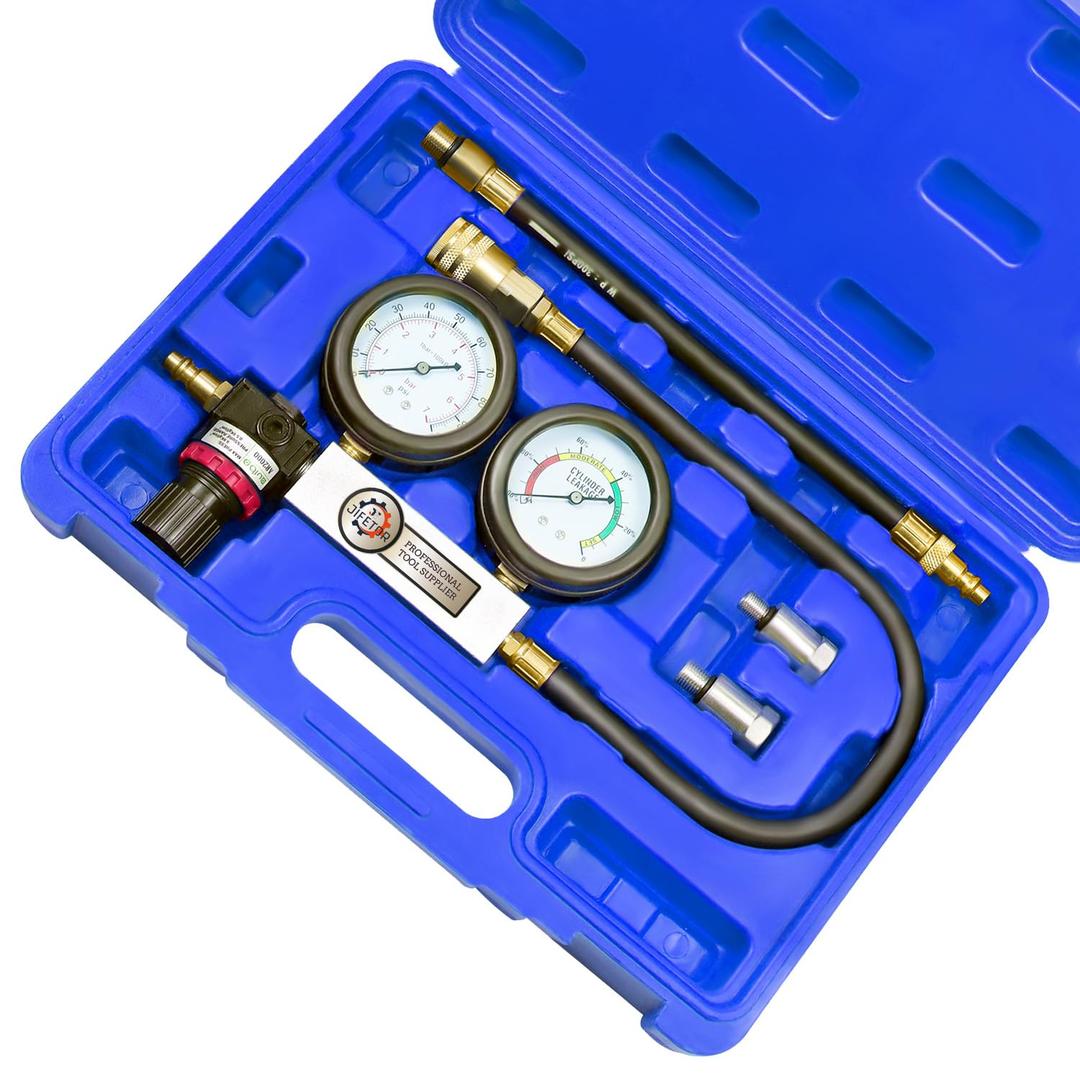 JIFETOR Cylinder Leak Down Tester Kit, Professional Dual Pressure Gauges Engine Compression Leakdown Detector Leakage Test Set for Gasoline Engine with 10 12 14mm Spark Plugs on Car Truck Motorcycle (Blue)