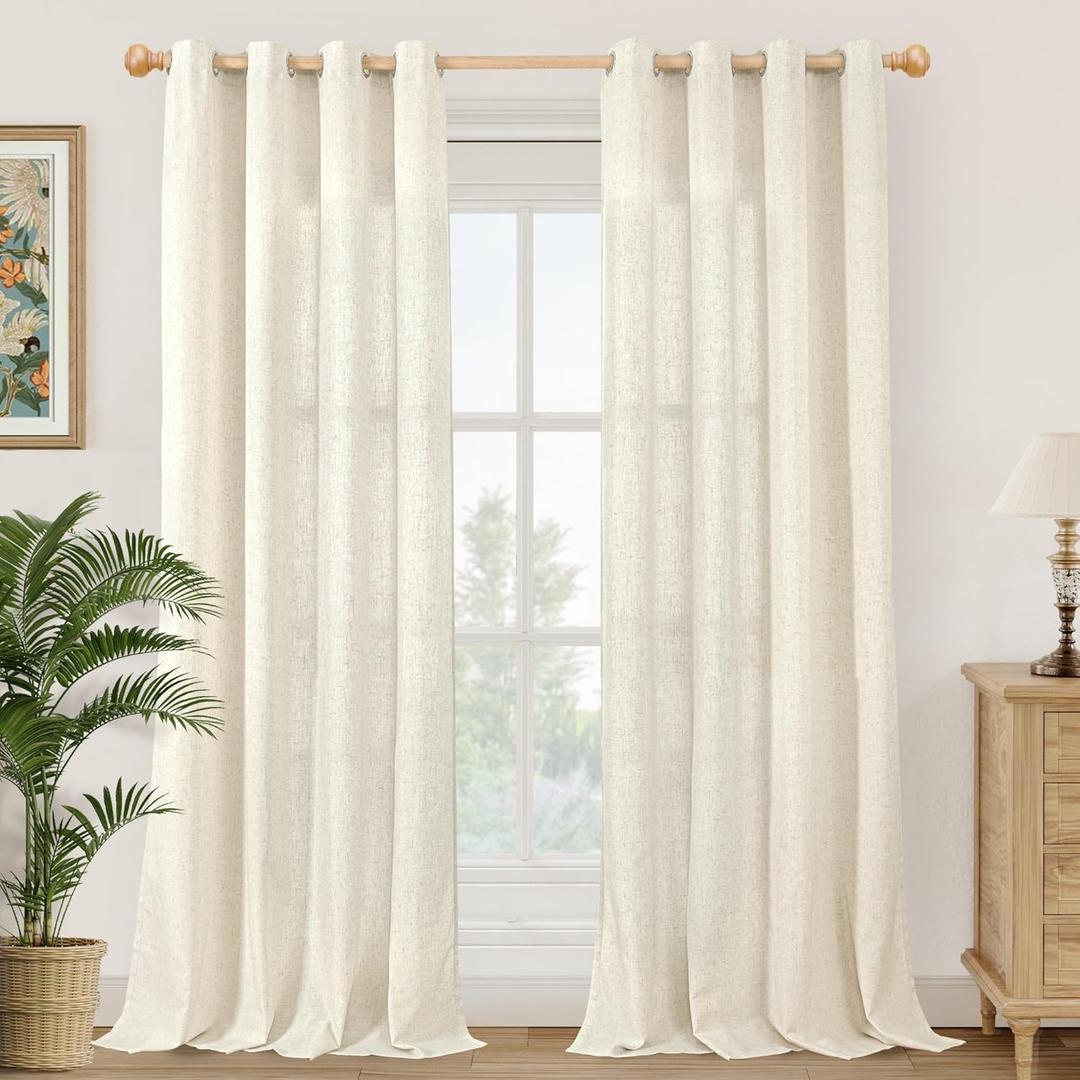 YoungsTex 95 Inch Long Beige Linen Curtains 2 Panels for Living Room, Light Filtering Drapes Natural Semi Sheer Window Treatments with Grommet Floor Length for Bedroom Farmhouse, 52 X 95 Inch