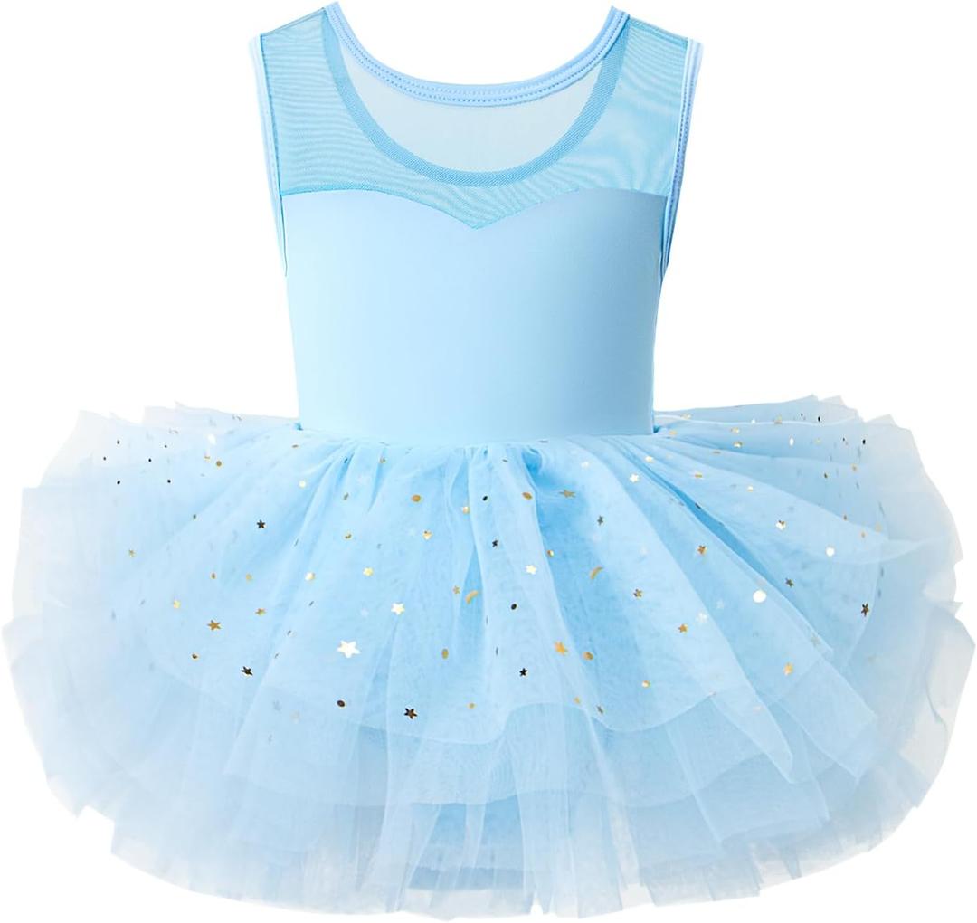 KARETT Ballet Leotards for Girls with Snap and Sparkly Princess Tutu Skirt Ballerina Dress (Blue), 100