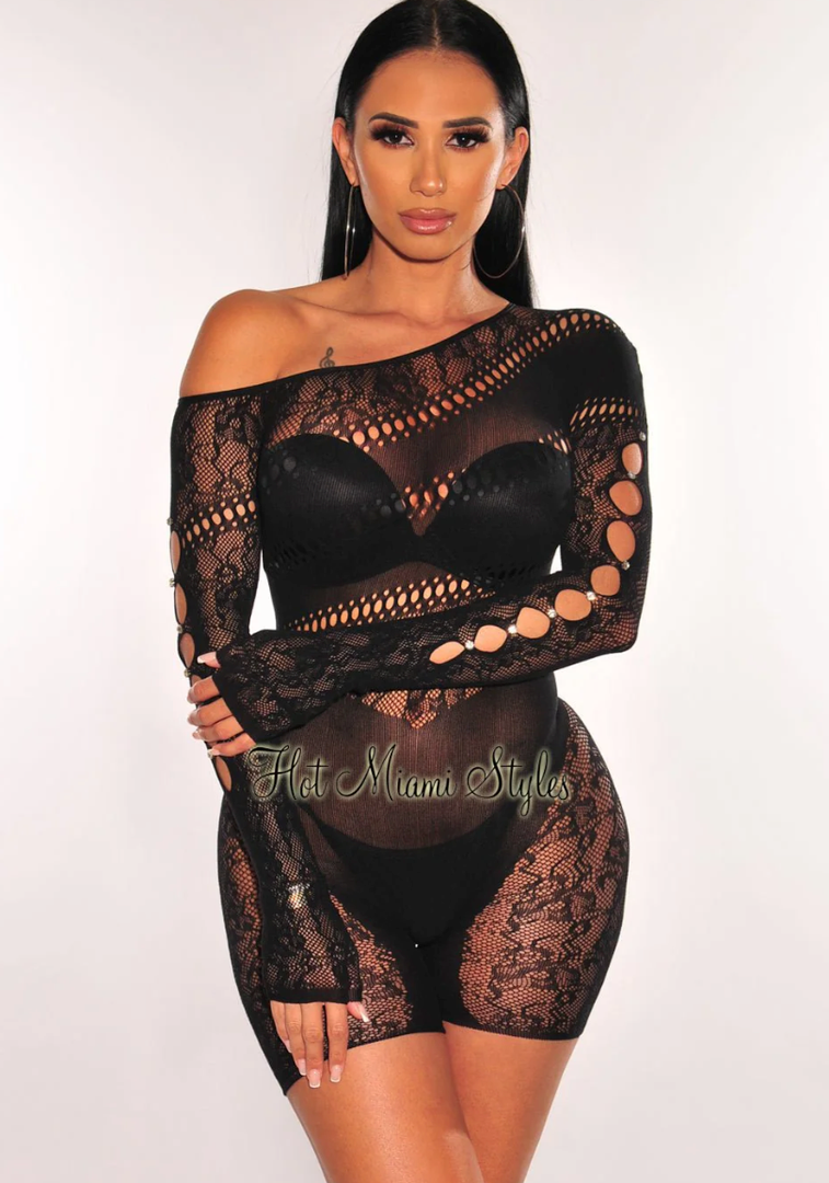 Black Lace Seamless Sheer Long Sleeve One Shoulder Rhinestone Cut Out Romper, Size XS