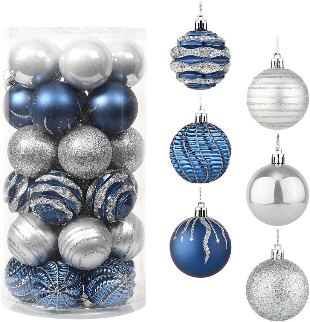 Sattiyrch Christmas Ball Ornaments 30ct, 60mm/2.36" Shatterproof Plastic Decorative Xmas Balls Ornaments Set (Blue and Silver)