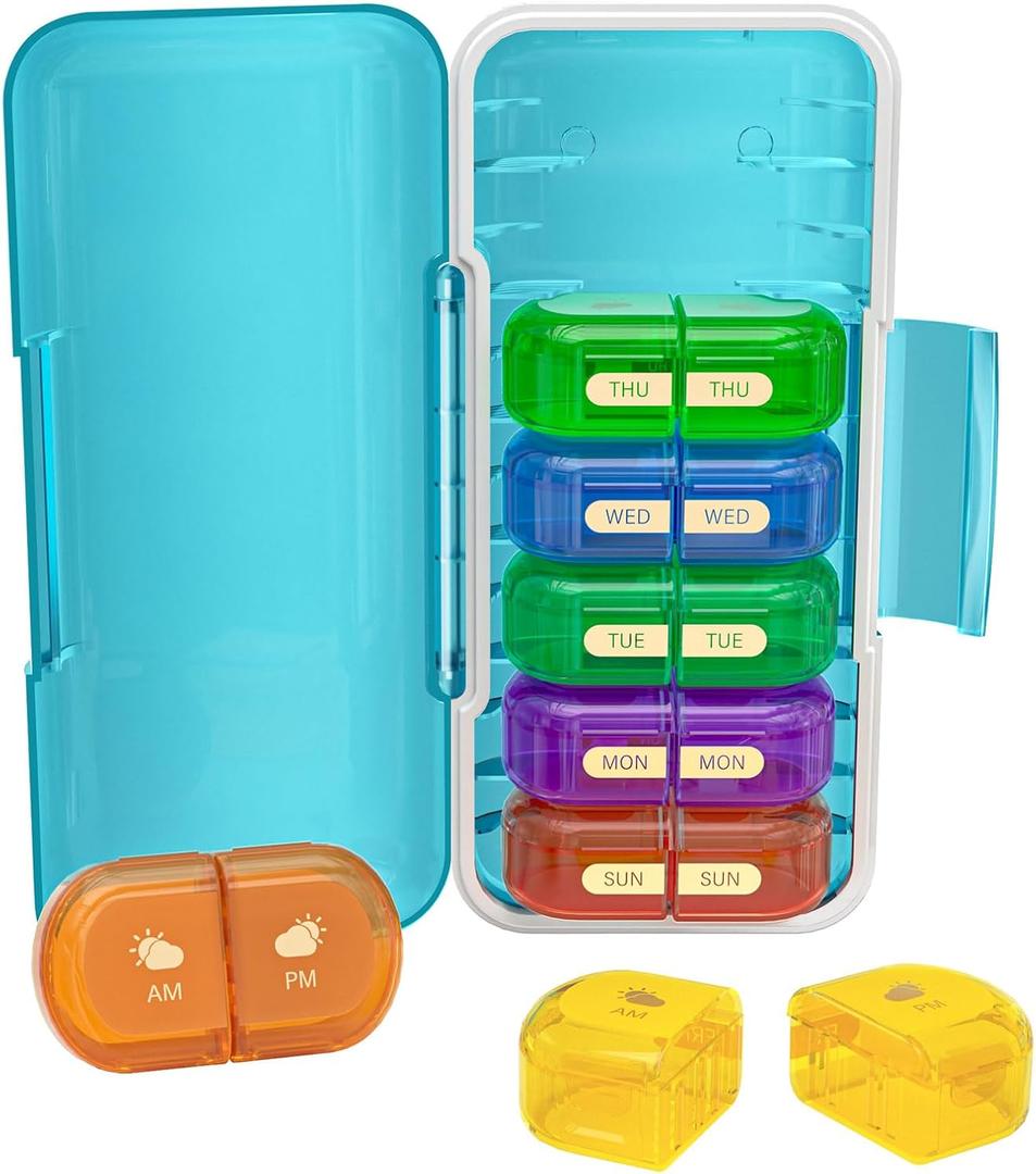 Weekly Pill Organizer 2 Times a Day, Moisture-Proof, Detachable Compartments, AM PM Pill Box 2X 7 Day, Travel Pill Organizer for Pills/Fish Oil/Medication/Vitamin/Supplements (Blue + Colorful)