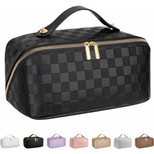 Large Capacity Travel Cosmetic Bag - Portable Makeup Bags for Women Waterproof PU Leather Checkered Makeup Organizer Bag with Dividers and Handle,Toiletry Bag for Cosmetics (Medium, black)