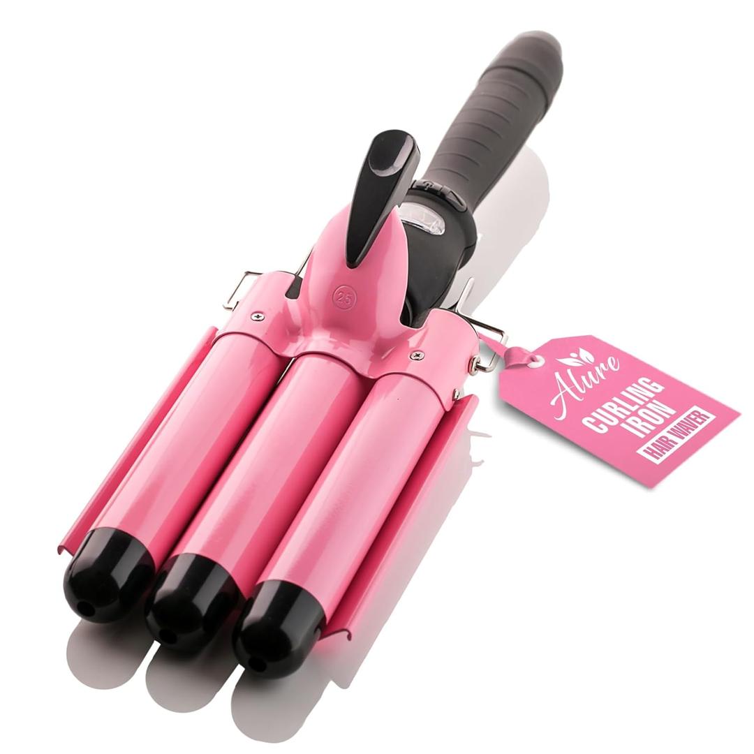 Alure Three Barrel Curling Iron Wand Hair Waver with LCD Temperature Display - 1 Inch Ceramic Tourmaline Triple Barrels, Dual Voltage Crimp (Pink)