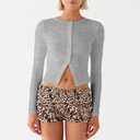 ICNGLKSND Women Long Sleeve Button Front Knit Crop Tops Front Split Crewneck Slim Fit Sexy Crop Tee Short Shirt Blouse (Gray, S)