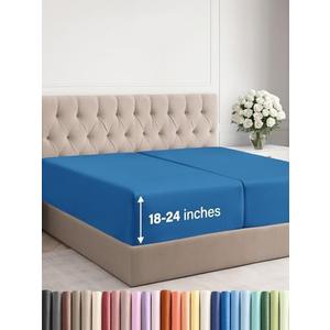 Extra Deep Split King Fitted Sheet - Hotel Luxury Single Fitted Sheet Only - Easily Fits 18 inch to 24 inch Mattress - Ultra Soft, Wrinkle Free w/Extra Deep Pockets - Breathable & Comfy - Royal Blue