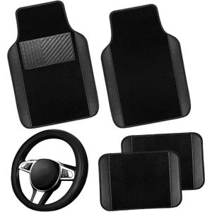 NBTEPEM Microfiber Steering Wheel Cover and Waterproof Car Floor Mats, Universal Fit Most Truck, SUV, Cars, 14.5-15inch Sporty Steering Wheel Covers with Anti-Slip Lining (Black with Black line)
