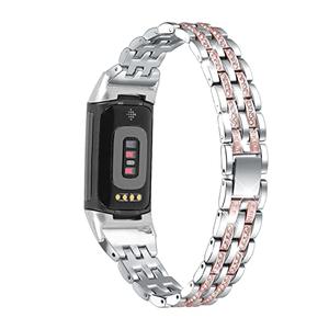 Mtozon Bling Bands Compatible with Fitbit Charge 6/Charge 5, Metal Bracelet Luxurious Rhinestone Replacement Wristband for Women, Silver with Rose Gold