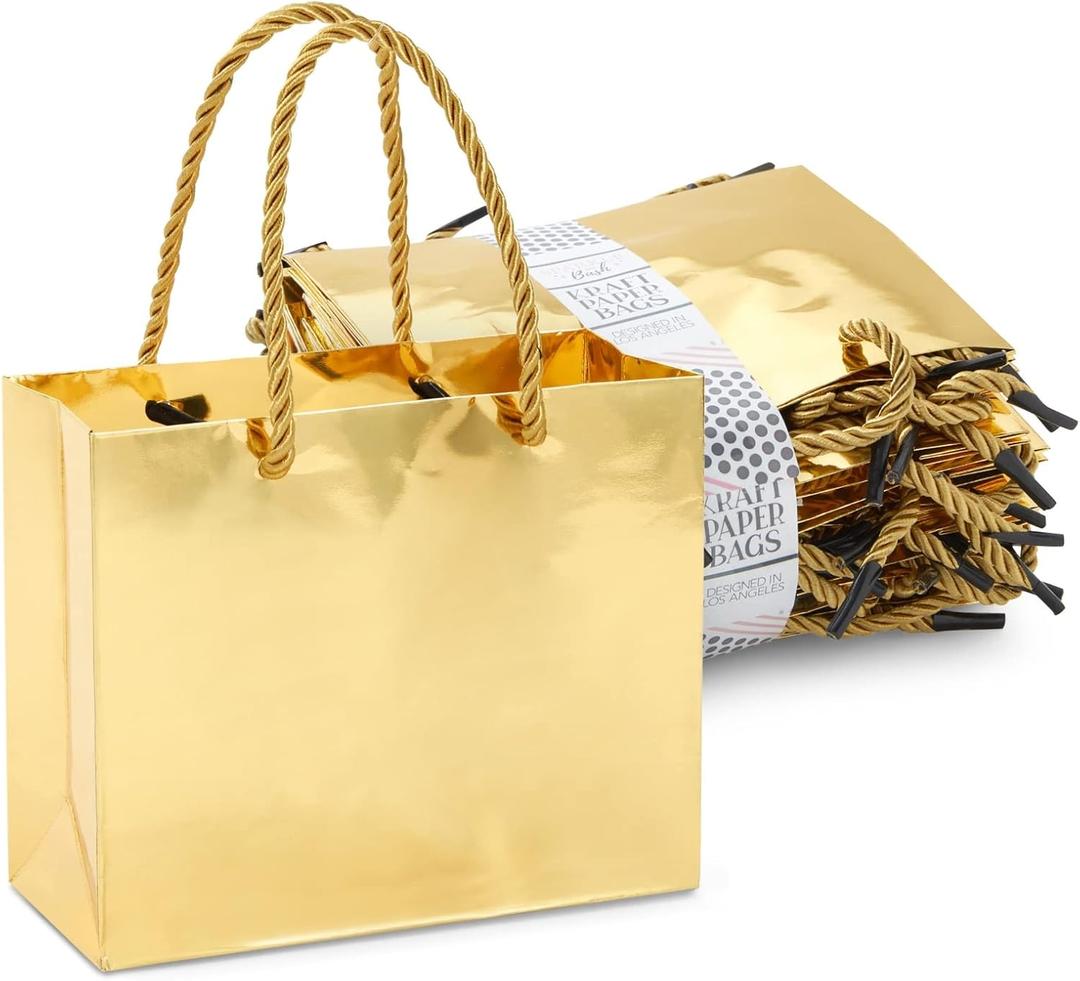 Sparkle and Bash Gold Goodie Bags - Mini Metallic Gold Reusable Paper Bags for Party Favors, Pack of 24, 6 x 5 x 2.5 Inches, Rope Handles