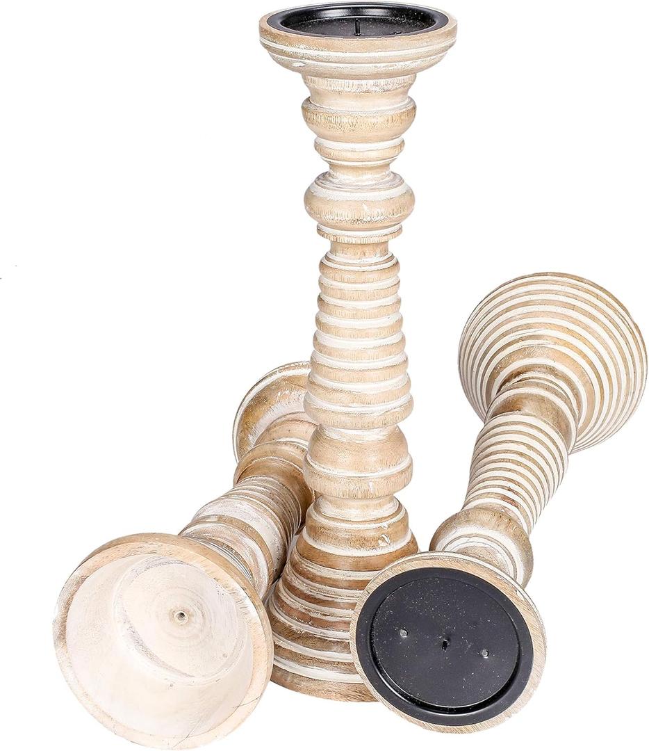 The Wooden Town Set  Wooden Pillar Candle Holders – 16", 14"" Tall Farmhouse White Wash Candle Holder Stand for Table, Mantel & Home Décor