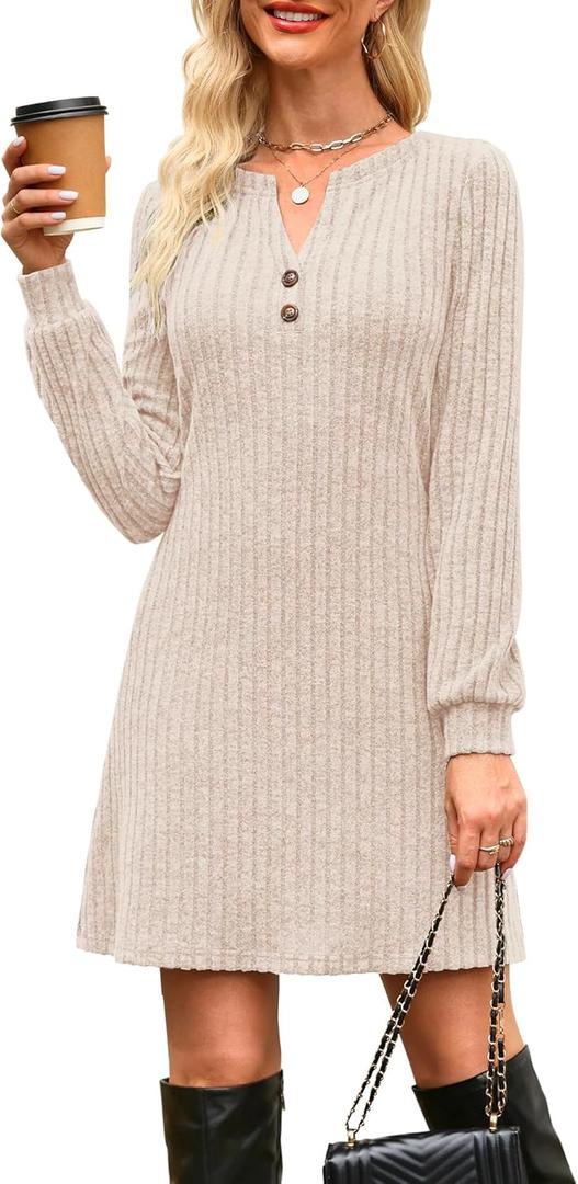 Annebouti Women's 2026 Spring Fully Lined Pocketed Long Sleeve Mini Sweater Dress (Large, Beige)