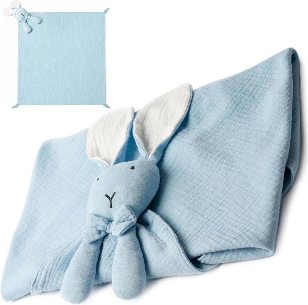 Baby Lovey Blanket  Muslin Security Blanket with Plush Bunny for Newborn or Boys  Soft and Cozy Lovey 24 x 24 inches