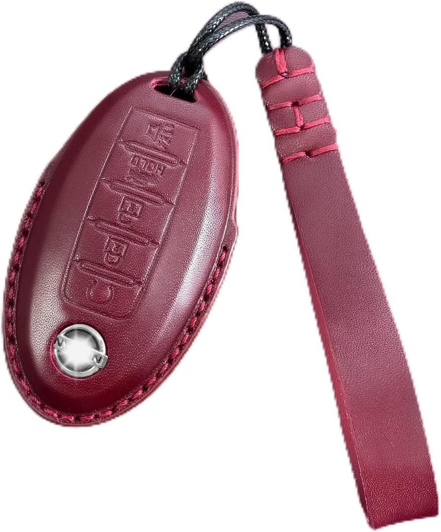 Leather Car Key Fob Cover for Nissan with Keychain, Premium Leather Full Protection Key Case for Rogue Altima Sentra Maxima Armada Pathfinder Murano fit 5 Buttons Smart Remote Key(Red)