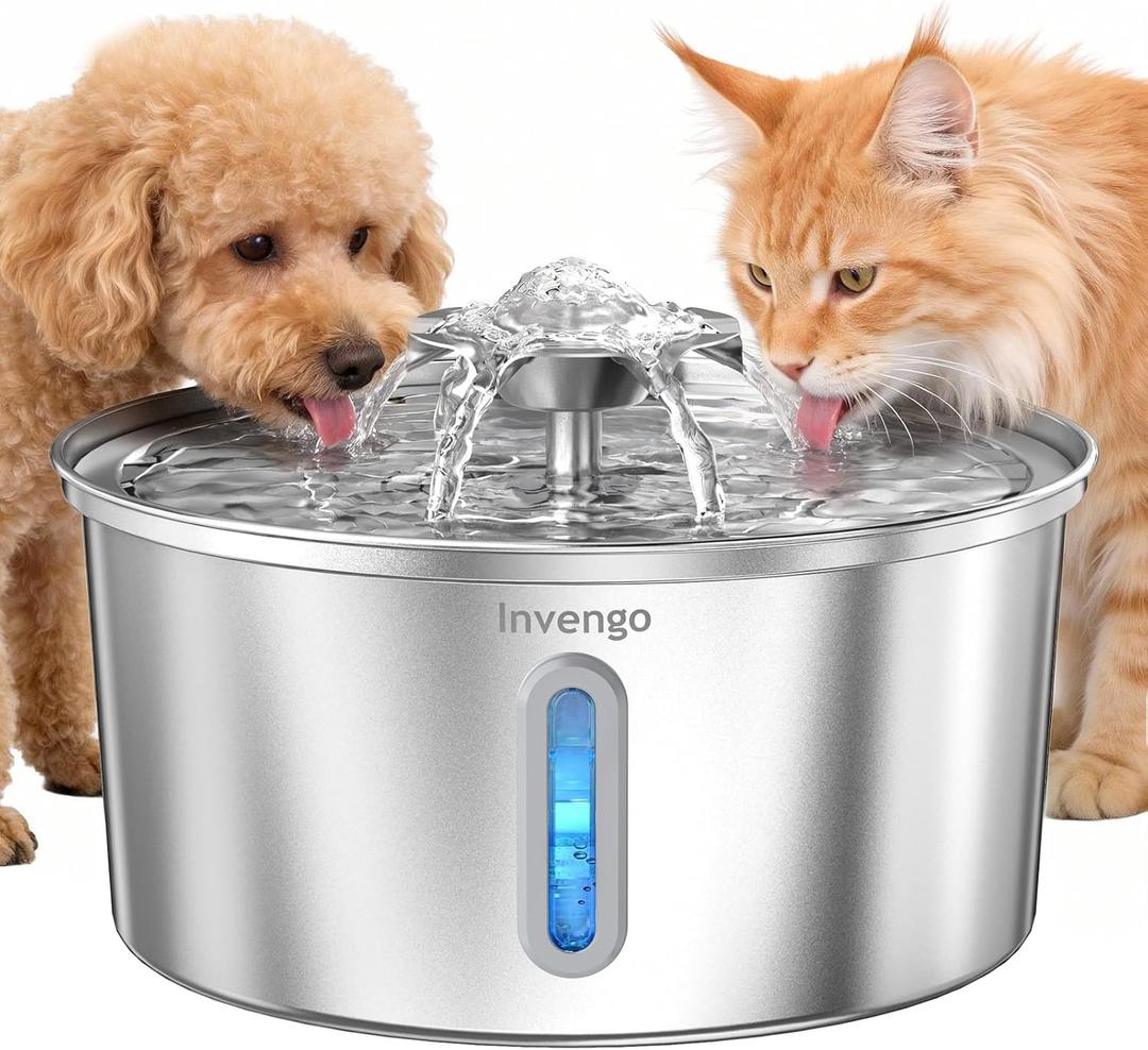Cat Water Fountain Stainless Steel 3.2L/108oz, Automatic Pet Fountain for Cats & Dogs, Ultra Quiet <25 dB Pump, LED Water Level Window, Easy to Clean