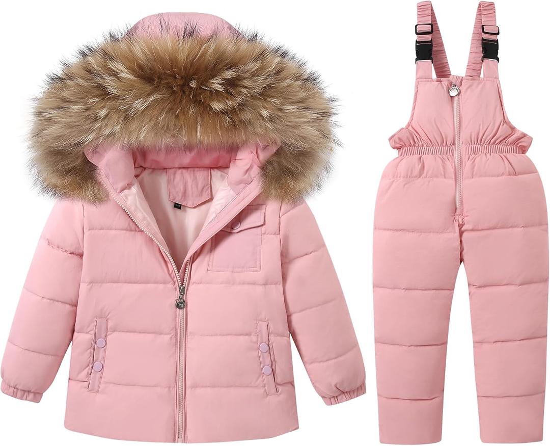 CARETOO Toddler Boys Girls Winter Down Coats Snowsuit Outerwear 2Pcs Clothes Hooded Jacket Snow Ski Bib Pants Outfits Set (1-2T, Pink)
