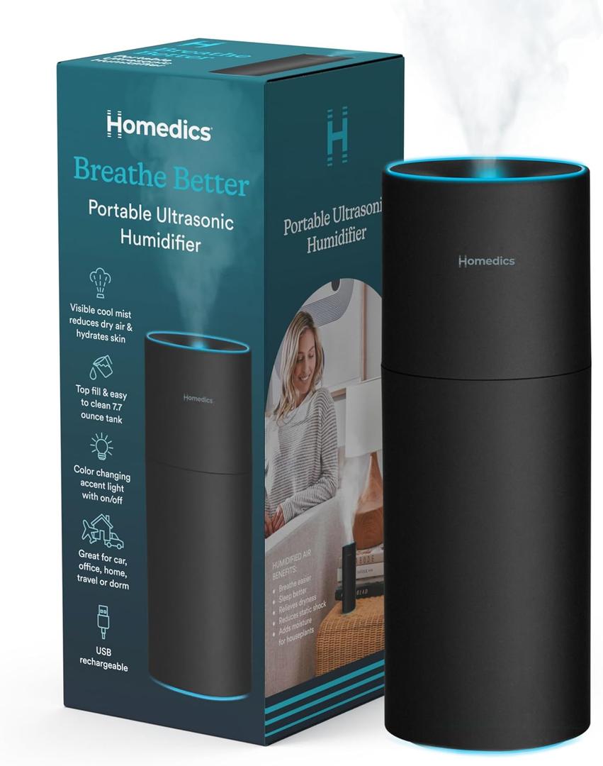 Homedics Portable Humidifier - Small Air Humidifiers for Bedroom, Plants, Office, Travel - Cool Mist Humidifiers, Color-Changing Accent Light, 2 Mist Settings, Matte Black