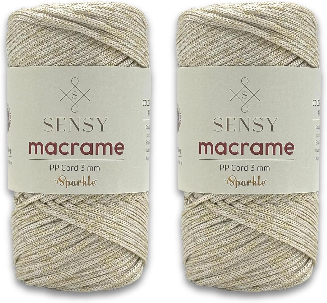 2 Skeins of Sensy Premium 3mm 120 Yards Polyester Rope 90% Polypropylene 10% Polyester Cord Macrame Cord 3mm Crochet Bag Cord Macrame Rope Crochet Thread Gift for Knitter (Ecru Sparkle)