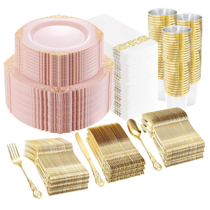 YOUBET 700PCS Pink Plastic Plates - Pink and Gold Plates - Luxury Pinks Plastic Dinnerware Set Include 200 Pinks Disposable Plates, 300 Heavy Duty Silverware, 100 Cups, 100 Napkins for Wedding & Party