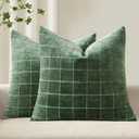 MIULEE Decorative Chenille Check Throw Pillow Covers Vintage Plaid Couch Pillows 22x22 Inch Set of 2 Neutral Boho Cushion Covers Modern Spring Home Decor for Sofa Bed Living Room Moss Green