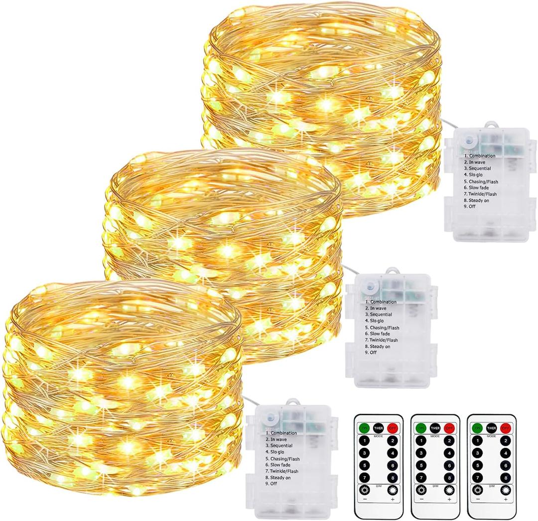 Litogo 3 Pack 33FT 100 LED Fairy Lights Battery Operated with Remote and Timer, IP65 Waterproof Twinkle Lights Battery Powered 8 Mode Silver Copper Wire String Light for Outdoor Indoor Christmas Decor