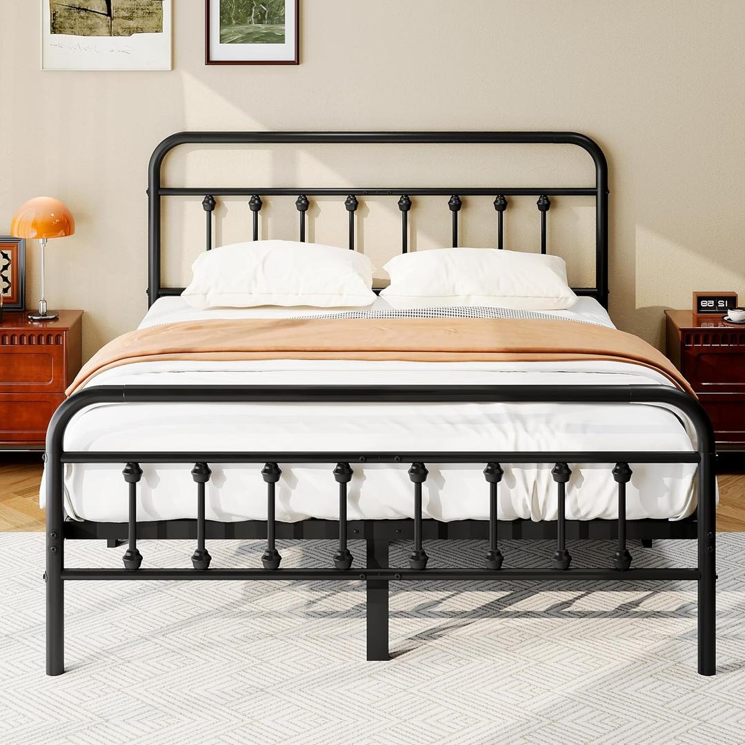 King Size Metal Platform Bed Frame/Victorian Style Headboard and Footboard/Steel Slat Support/Easy Assembly/No Box Spring Needed/Underbed Storage/Noise Free/Black