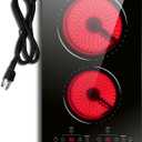 2 Burner Electric Cooktop Hobsir, 110v Plug In Electric Stove Top Burner, 2000W 12 Inch Two Burners Radiant Electrical Stove, Countertop and Built-in Ceramic Cooktop with Child Safety Lock, Timer