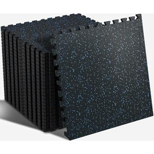 SUPERJARE 0.56'' Thick 12 Pcs 48 Sq Ft Rubber Top Exercise Equipment Mats, High Density EVA Foam Mats with Rubber Top, Interlocking Gym Flooring for Home Gym, Protective Workout Mat, Black/Blue