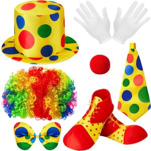 JaGely 7 Pcs Clown Costume Set Include Rainbow Wig Hat Clown Nose Bow Tie White Gloves Shoes Accessories Halloween Cosplay for Adults Parties Circus Carnivals Pretend Play