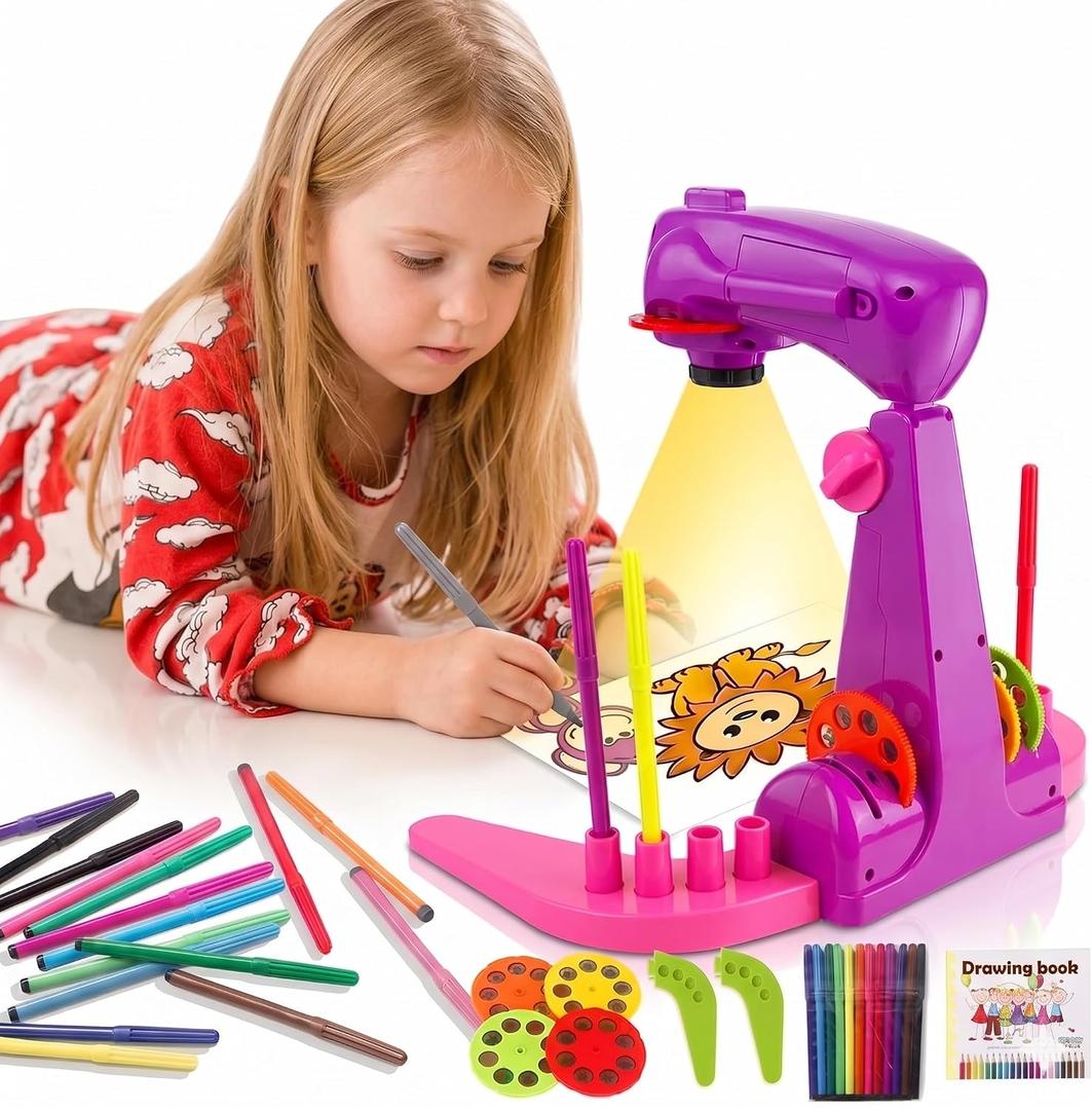 Drawing Projector Sketcher for Kids – Preschool Art Tracing Kit | Play-Based Learning Toy for Boys & Girls Ages 3+, 4 Sturdy Discs, 32 Animal & Fruit Images, 12 Color Pens & 1 Paper Pad