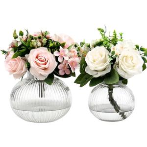 Round Glass Vases Set of 2, Flower Vases for Bouquet, Ribbed Glass Vase for Flowers, Small Clear Vase for Living Room, Office, Coffee Table, Shelf, Wedding