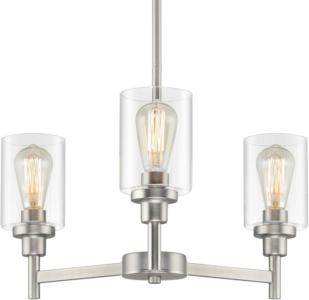 LIGHTDAMY 3 Lights Brushed Nickel Chandeliers for Dining Room Light Fixture Over Table, Entryway Chandelier for Foyer, Hallway Lighting Fixtures with Glass Shade for Kitchen Island Foyer Hallway