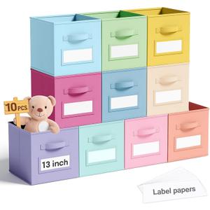 10 Pcs Fabric Storage Cube with Labels Collapsible Cube Organizer Basket with Window Card for Shelf Nursery Clothes Book Toy Festival Storage Bin Back to School (13 Inch, Macaroon)