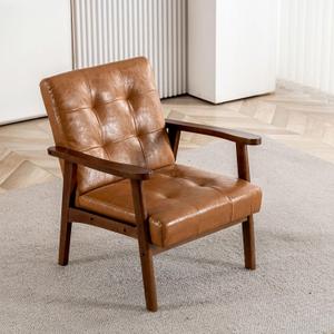 Mid Century Modern Accent Chairs for Living Room, Comfy Bedroom Chairs for Adults,Small Wide Reading Nook Arm Chair, 105° Ergonomic, Cozy Brown Leather Armchair with Rubber Wood
