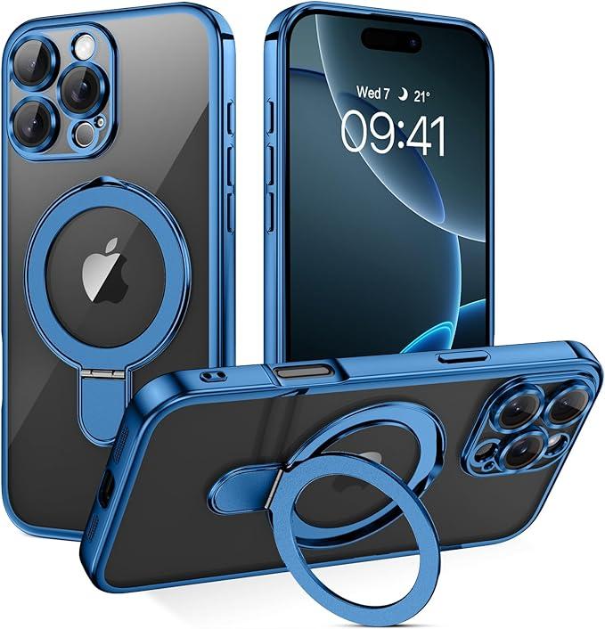 GUAGUA for iPhone 16 Pro Max Case with Stand, Magnetic Clear Cases Plating Edge Invisible Ring Holder Slim Shockproof Protective Kickstand Phone Case for iPhone 16 Pro Max 6.9''