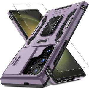 DEERLAMN Case for Samsung Galaxy S25 Ultra with Slide Camera Cover+Screen Protector (1 Pack), Rotated Ring Kickstand Military Grade Shockproof Protective Cover-Deep Purple (S25 Ultra-6.9 Inch)