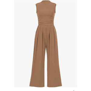 PRETTYGARDEN Womens Summer Jumpsuits Dressy Casual One Piece Outfits Sleeveless Mock Neck Wide Leg Pants Rompers with Pockets XL Brown