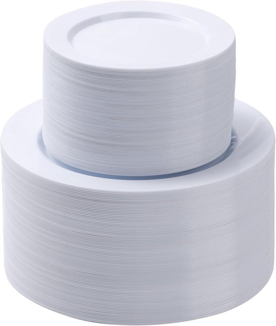 Goodluck 200PCS White Plastic Plates, Heavy Duty Disposable Plates with 100 10.25 inch Dinner Plates and 100 7.5 inch Dessert Plates for Party, Holiday, Wedding