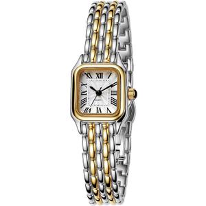 BESTKANG Watches for Women Vintage Square Classic Luxury Watch with Roman Numerals Dial Gold Silver Two-Tone Stainless Steel Band Elegant Dress Women's Wrist Watch