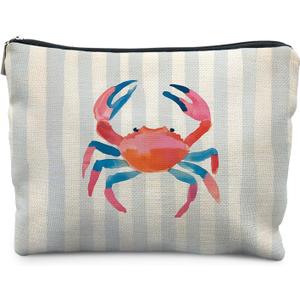 Coastal Beach Crab Makeup Bag for Women, Crab gifts, Coastal Ocean Beachy Nautical Cosmetic Bag for Purse, Pastel Crabs Blue Striped Makeup Zipper Pouch
